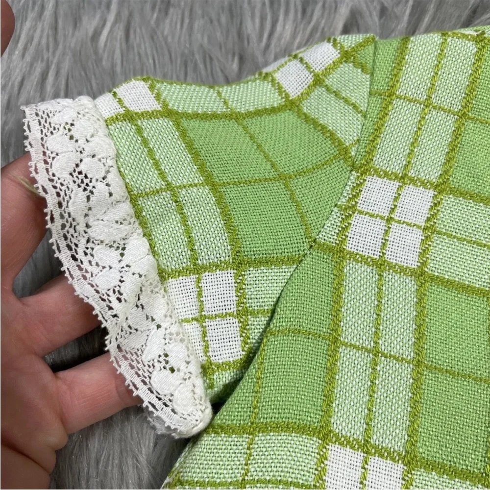 Vintage 60s Handmade Green Plaid Woven Mod Toddler Dress